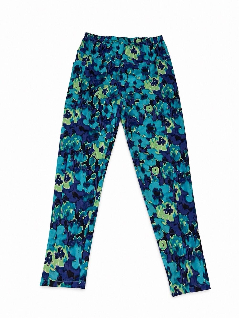 Women’s Medium Floral Leggings Blue Teal Stretch Pull On Pants